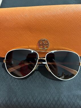 Tory Burch Gold Frame Aviator Sunglasses with Brown Lenses and Orange Case